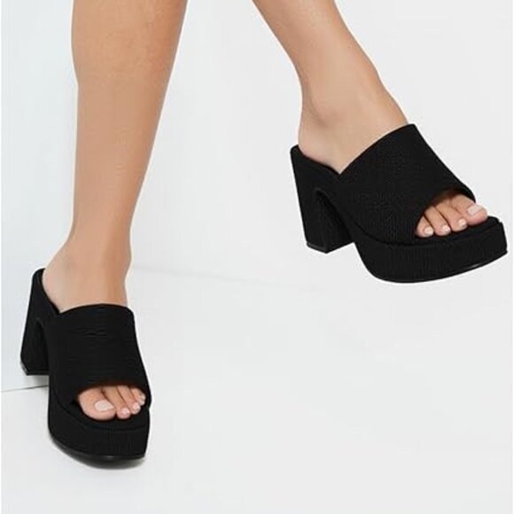 Women's Square Toe Heels Chunky Comfort High Heeled Slip On Sandals - Picture 1 of 6